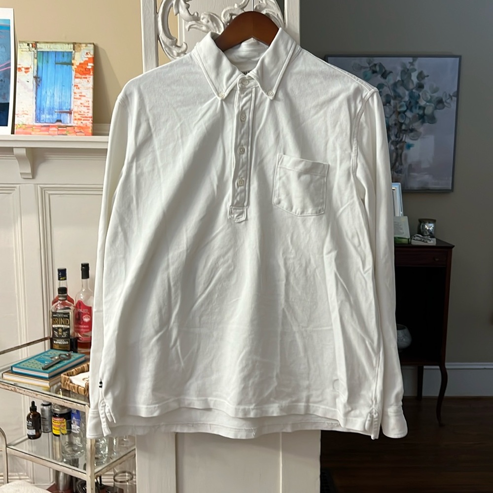 Men’s white long sleeve popover by Charleston Oobe brand